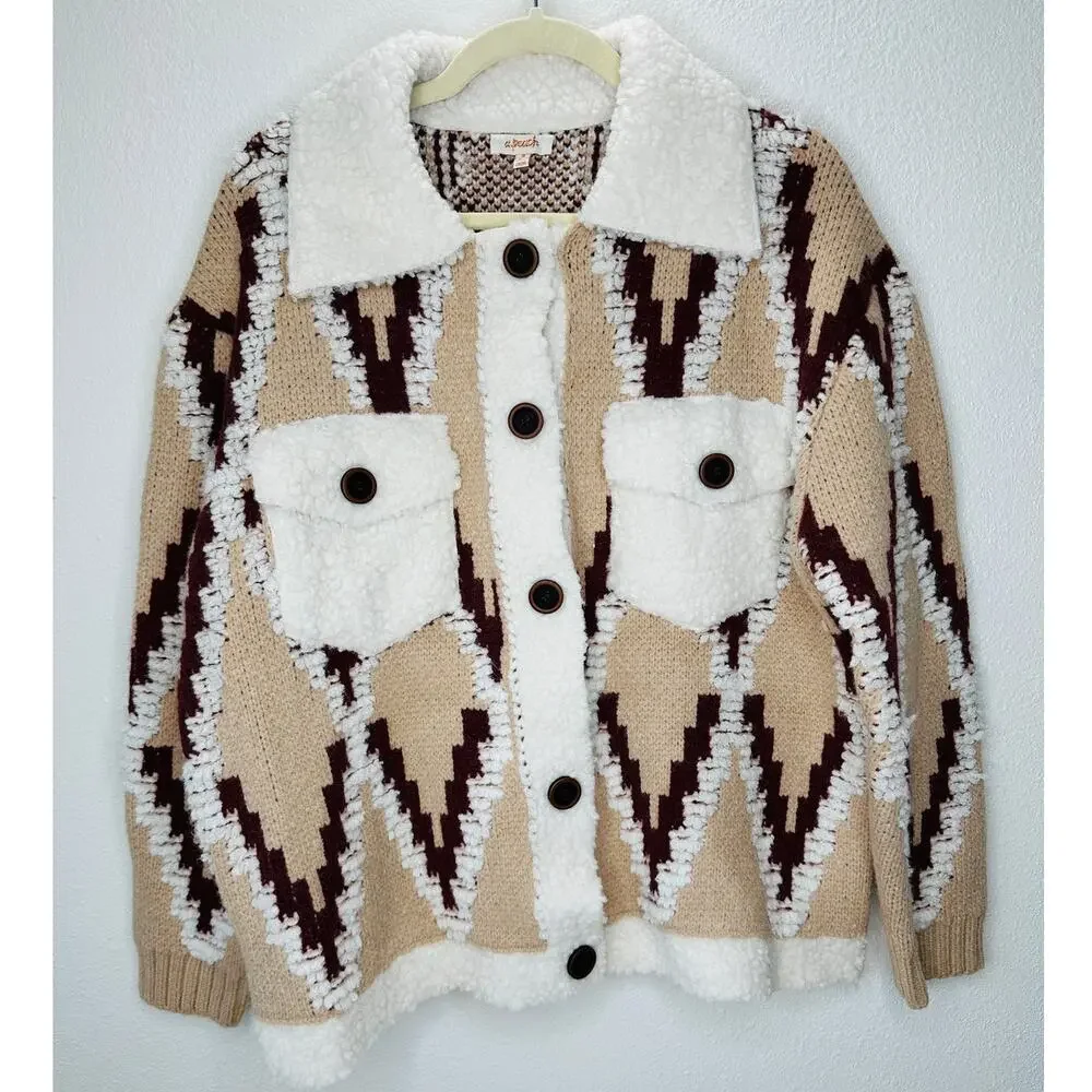 a. peach Tan Ivory Burgundy Southwest Print Button Collared Sweater Jacket S - Picture 2 of 13